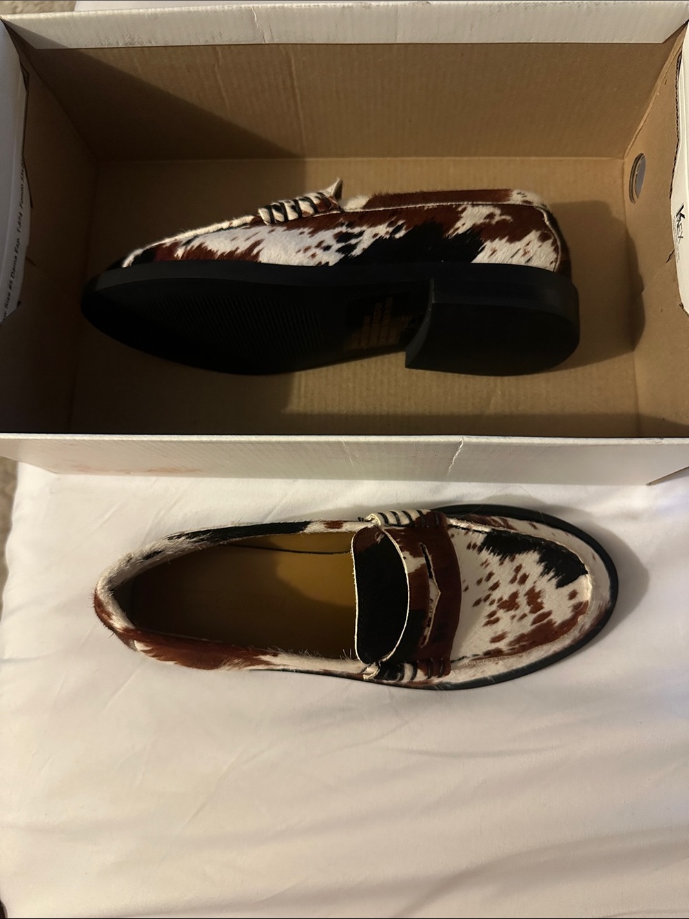 Steve Madden Cow Print Pony Hair Loafers in Brown, White, Black - Picture 2 of 3